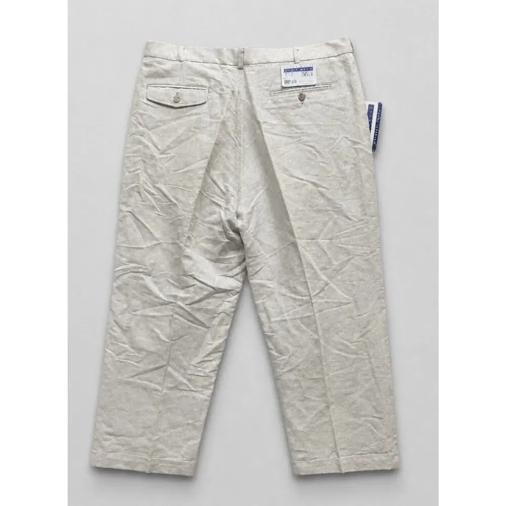 Perry Ellis Preppy Chinos Relaxed Pleated Linen Blend Pants Beige Mens Sz 36x30